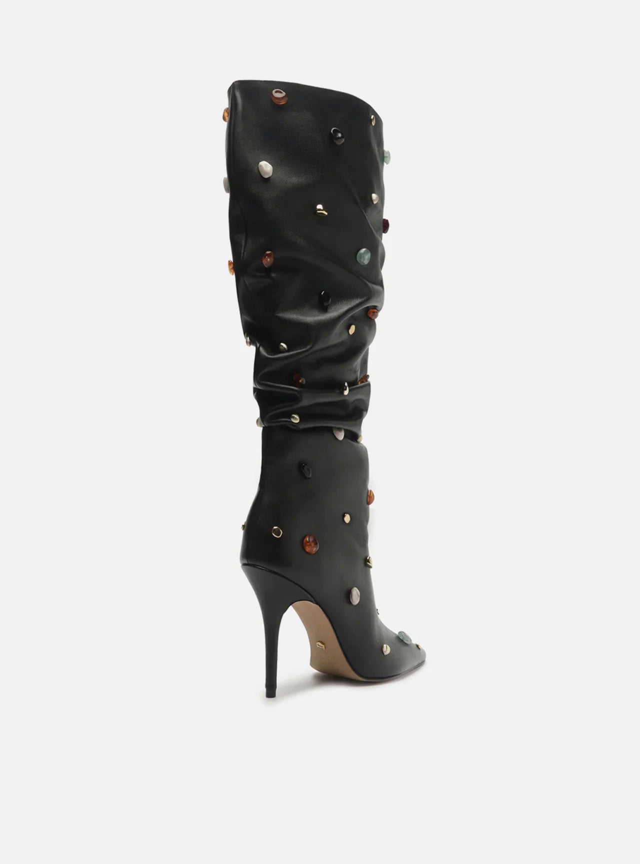 Bota Preta Couro Salto Fino Slouchy Pedras