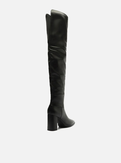 Bota Over The Knee Preta Couro Salto Alto